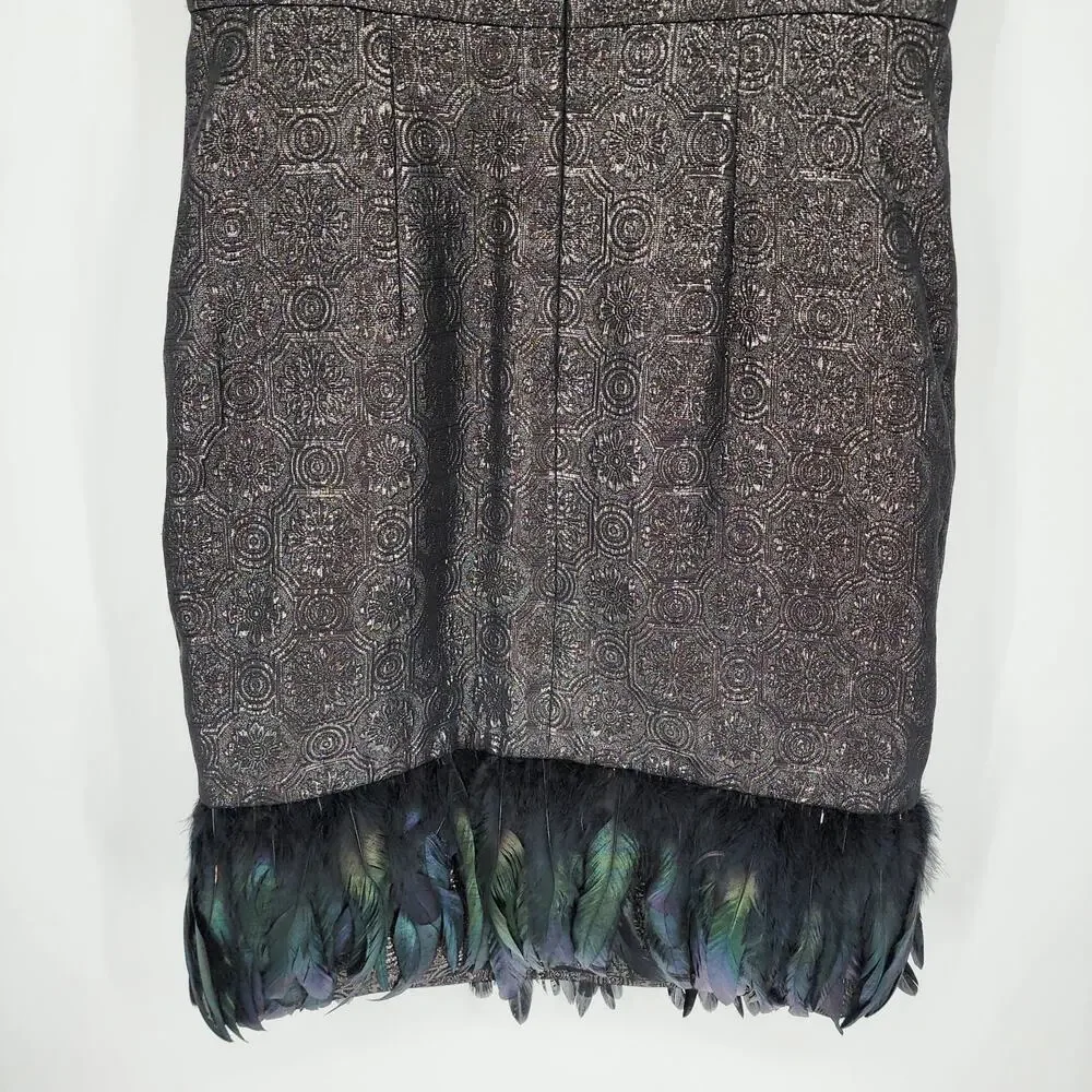 Badgley Mischka Feather Hem Cocktail Dress 10 Metallic Brocade Sleeveless Black - Picture 9 of 11